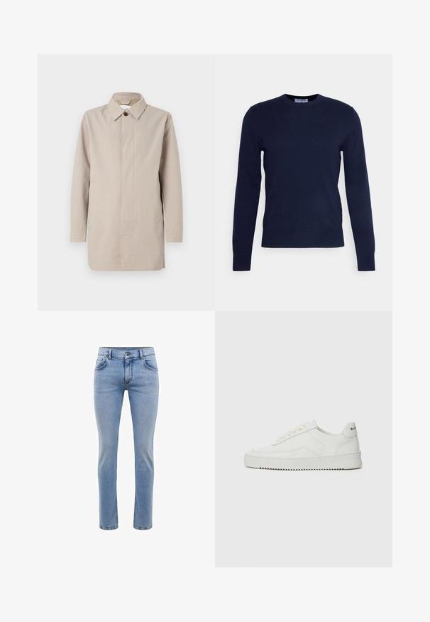 NN.07 KIM - Pitkä takki - light grey/khaki; Tummansininen pyöreäkauluksinen neulepusero, joka on valmistettu pehmeästä kankaasta ja jossa on pitkät hihat sekä resorihelma. Ei näkyviä kuvioita tai koristeluita.; Vaaleansiniset farkut, joissa on slim fit -leikkaus, viisi taskua ja suorat lahkeet. Varustettu vetoketjulla ja vyölenkeillä. Pehmeä pinta.; Valkoinen nahkakenkä, jossa on sileä pinta, pyöreä kärki, tasaiset nauhat ja teksturoitu pohja. Sisältää huomaamattoman logon kantapäässä.