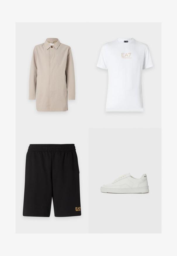 NN.07 KIM - Cappotto corto - light grey/khaki; T-shirt bianco in cotone con scollatura rotonda e maniche corte, con il logo oro EA7 Emporio Armani stampato sul fronte.; Pantaloni sportivi neri realizzati in tessuto morbido, con vita elastica e un piccolo logo EA7 giallo sulla parte bassa della gamba sinistra.; Sneaker in pelle bianca con una finitura liscia, punta rotonda, lacci piatti e suola testurizzata. Presenta un logo discreto sul tallone.