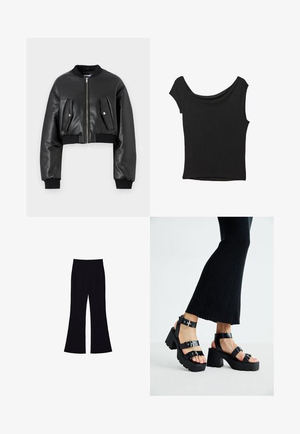 Črna kratka bomber jakna iz teksturirane usnjene tkanine z rebrastimi manšetami, ki vključuje dva žepa s poklopcem in zadrgo na sprednji strani.; Črna kratka majica s kratkimi rokavi iz gladkega blaga; ima drapiran izrez in asimetrično spodnjo rob, s prilegnjenim telesom.; Črne razširjene hlače z visokim pasom, brez vidnih žepov ali gumbov, prikazane na beli podlagi.; Črne platforme s sandali in debelimi, zarezami ter več naramnicami, ki vključujejo kovinske zaponke in gladko teksturo, podobno usnju.