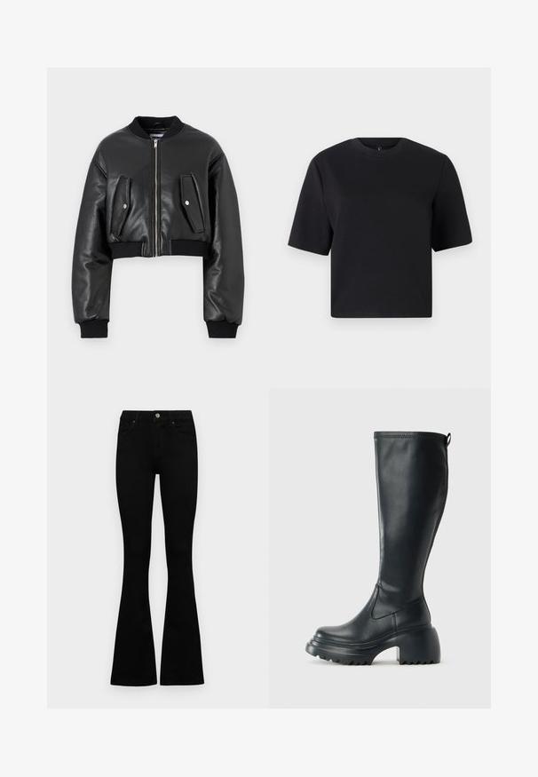 Sort cropped bomberjakke lavet af struktureret læder med ribbede manchetter, der har to klaplommer og en lynlås foran.; Sort kortærmet t-shirt, rund halsudskæring, lavet af glat bomuldsstof; afslappet pasform, minimalistisk design, ingen synlige mønstre eller detaljer.; Sorte højtaljede jeans med knap- og lynlåslukning, forlommer og flagrende ben, lagt fladt på en hvid baggrund.; Høj sort læderstøvle med kraftig platformssål og blokhæl, med trækstrop og tekstureret sål.