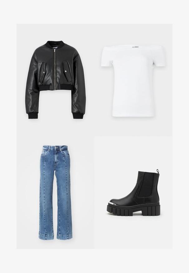 Casaco bomber preto cropped feito de couro texturizado com punhos canelados, apresentando dois bolsos com aba e fecho frontal com zíper.; T-shirt branca off-the-shoulder com mangas curtas, feita de material de algodão suave, com um design ajustado e uma bainha inferior reta.; Jeans de ganga azul claro, de perna larga e cintura alta, com bolsos frontais e detalhes cosidos. A bainha está enrolada e cosida.; Botas de tornozelo pretas feitas de couro liso, com painéis elásticos, uma sola de plataforma grossa e uma biqueira metálica.