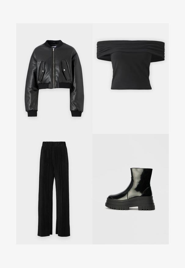 Casaco bomber preto cropped feito de couro texturizado com punhos canelados, apresentando dois bolsos com aba e fecho frontal com zíper.; Top preto à altura dos ombros, com textura franzida na gola, mangas curtas e um design ajustado e cropped. Feito de material elástico.; Calças pregueadas pretas com uma cintura elástica. Apresentam pernas largas e um tecido liso, texturizado com riscas verticais.; Bota de tornozelo preta e brilhante com sola grossa e arredondada, vista lateral sobre fundo cinza claro.