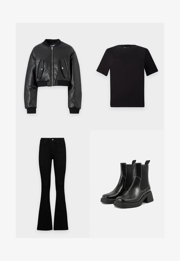 Casaco bomber preto cropped feito de couro texturizado com punhos canelados, apresentando dois bolsos com aba e fecho frontal com zíper.; T-shirt preta de mangas curtas com decote redondo, feita de tecido de algodão suave. Design simples, sem logótipos ou padrões visíveis.; Jeans pretos de cintura alta com fecho de botão e zíper, bolsos frontais e pernas largas dispostos em cima de um fundo branco.; Botas Chelsea em couro preto com um salto grosso, painéis laterais elásticos e costura branca em contraste. Acabamento texturizado.