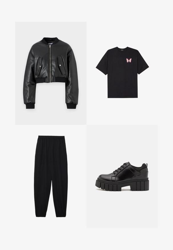 Jachetă bomber neagră scurtă, realizată din piele texturată, cu manșete ribbate, având două buzunare cu clapetă și închidere cu fermoar în față.; Tricou negru din bumbac cu mâneci scurte, având pe partea stângă a pieptului un mic grafic cu un fluture roz. Design cu guler rotund și croială lejeră.; Pantaloni negri, ușori, cu un brâu elastic și tivuri strânse. Materialul este neted și are un design relaxat, conic.; Pantofi cu talpă plată din piele neagră, cu toc gros, vârf rotund și design tradițional cu șireturi. Prezintă o textură netedă și detalii minime.