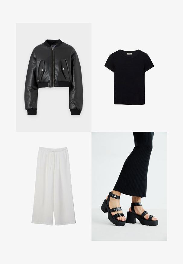 Czarna krótka kurtka bomberka z teksturowanej skóry z ribbowymi mankietami, z dwiema kieszeniami na klapie i zapięciem na suwak z przodu.; Czarna koszulka z krótkim rękawem, wykonana z miękkiego materiału. Posiada klasyczny okrągły dekolt i luźny krój. Brak widocznych wzorów lub akcentów.; Białe szerokie spodnie wykonane z lekkiego materiału, z elastyczną talią i sznurkiem do regulacji fasonu. Gładka tekstura.; Czarne platformy na sandały z grubymi, żłobionymi podeszwami i wieloma paskami, z metalowymi klamrami i gładką, skórzano-podobną fakturą.