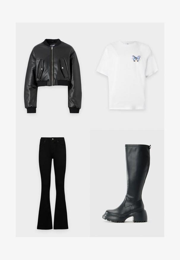 Černá zkrácená bomber bunda vyrobená z texturované kůže s elastickými manžetami, má dvě klopové kapsy a přední zipové zapínání.; Bílý bavlněný tričko s barevným potiskem motýla na levé části hrudi. Krátké rukávy a volný střih.; Černé vysoké džíny s knoflíkem a zipovým zapínáním, předními kapsami a rozšířenými nohavicemi, ležící na bílé podložce.; Vysoká černá kožená bota s masivní platformou a blokovým podpatkem, s poutkem a texturovaným vzorkem na podrážce.