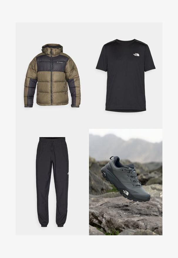 Columbia PIKE LAKE™ II HOODED - Zimska jakna - stone green/shark; Crna majica kratkih rukava izrađena od lagane tkanine. Ima mali bijeli logo na lijevoj strani grudi i suptilne naglaske na ramenima.; Crne sportske hlače od lagane tkanine, s pojasom na vezanje, bočnim džepovima i suženim manžetama na gležnjevima.; Sive trail trkačka cipela s teksturiranim gornjim dijelom, izdržljivom gumenom potplatom i ojačanim vrhom. Ima vezice i logotip branda sa strane.