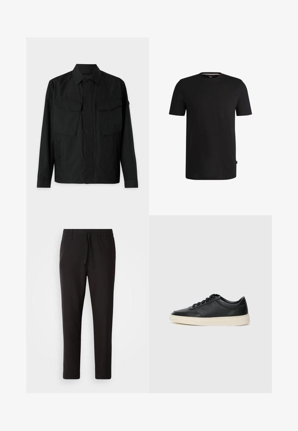 Juoda striukė su apykaklės iškirpte, dviem krūtinės kišenėmis, šoninėmis skeltukais ir ilgomis rankovėmis. Pagaminta iš lygios, matinės medžiagos.; Juodas trumpas rankovės marškinėliai, pagaminti iš lygaus medvilnės, su apvaliu iškirpimu. Yra subtilus prekės ženklo etiketė kairėje pusėje, šalia siūlės.; Juodi džinsai, pagaminti iš lygaus audinio. Yra elastinė juosmens juosta su raišteliu, siaurėjantys džinsai, be matomų kišenių. Paprastas dizainas.; Juoda žema viršutinė odinė sportbačiai su juodais raišteliais ir kreminiu padu, pateikti šoniniame profilyje ant baltos fono.