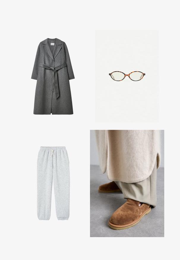 Grijze wolblend jas met een op maat gemaakte silhoutte, brede revers, lange mouwen en een bijpassende riem in de taille. Beschikt over een gestructureerd oppervlak.; Grijze cropped trui gemaakt van zacht, fuzzy materiaal. Heeft lange mouwen en een ronde halslijn, met een gladde, lichte textuur.; Grijze joggingsbroek van zachte stof, met een elastische tailleband met trekkoord en elastische boorden bij de enkels.; Bruine suède instap schoenen met een ronde neus, rubberen zool en uitsnijdingen aan de zijkant, gecombineerd met lichtbeige op maat gemaakte broeken.; Kattenoogbril met ovale lenzen en een strakke, gladde afwerking. Heeft dunne zijkanten met een subtiele kromming bij de slapen. Transparante lenzen.
