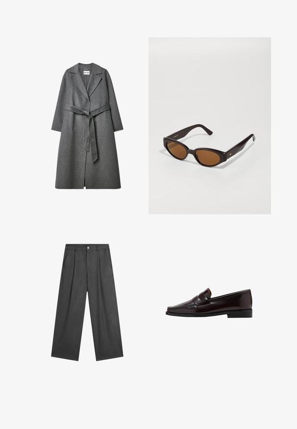 Grijze wolblend jas met een op maat gemaakte silhoutte, brede revers, lange mouwen en een bijpassende riem in de taille. Beschikt over een gestructureerd oppervlak.; Donkergrijze off-shoulder trui gemaakt van een zachte stof. Heeft lange mouwen en een relaxed fit met een brede halslijn.; Donkergrijze, ruime broek met subtiele streepjes, plooien aan de voorkant en een enkele knoopsluiting bij de taille.; Bruine leren instapper met een moccasin-stijl voorkant, verhoogde stiksels langs de voet en een lage zwarte rubberen zool. Glad, gepolijst oppervlak.; Faux cat-eye zonnebril met donkerbruine kunststof monturen en bruine glazen. Bevat gouden logo-details op de arm en een gladde, glanzende textuur.; Zwarte leren schoudertas met een gebogen vorm, gladde textuur en een lange verstelbare strap. Bevat een subtiele knoopdetail en heeft een minimalistisch ontwerp.
