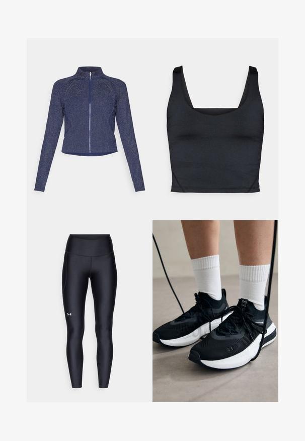 Veste zippée marine avec un col haut. Fabrication en tissu texturé avec une finition légèrement scintillante. Design ajusté et manches longues.; Débardeur noir court en tissu doux et extensible, avec larges bretelles et encolure carrée aux détails de couture minimalistes.; Leggings noirs en matière lisse et extensible avec une taille haute. Présentent un logo blanc sur la cuisse gauche et un design ajusté.; Chaussures de sport noires en tissu texturé, avec une semelle blanche et des lacets noirs. Portées avec des chaussettes blanches côtelées, debout sur une surface claire.