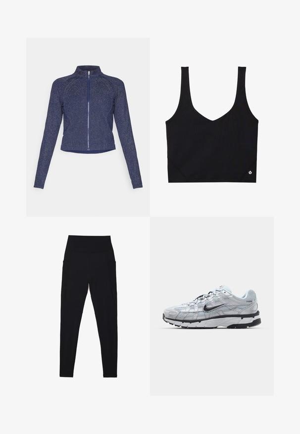Jachetă zip de culoare bleumarin cu guler înalt. Confecționată dintr-un material texturat cu un finisaj discret strălucitor. Design ajustat și mâneci lungi.; Sutien sport negru cu bretele late, design în formă de V, țesătură texturată și detaliu cu logo la tiv. Finisaj neted, stil minimalist.; Colanți negri dintr-un material elastic, cu un talie înaltă și nervurată. Dispune de buzunare laterale și un design fără cusături pentru confort.; Tenisii Nike P-6000 cu un upper din plasă gri deschis, accente negre și o talpă din cauciuc negru durabilă. Caracterizează un design complex și un sistem de șireturi sofisticat.