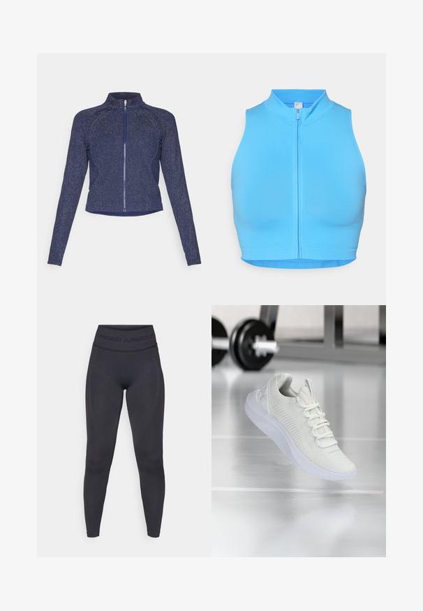 Modra zip jakna z visokim ovratnikom. Narejena iz teksturirane tkanine z diskretno svetlečim zaključkom. Oprijet kroj in dolgi rokavi.; Svetlo modra skrčena športna majica z visokim ovratnikom in sprednjim zadrgo. Narejena je iz raztegljivega materiala, ima gladko teksturo in brez vzorcev.; Črne legice z visokim elastičnim pasom, na katerem je napis "UNDER ARMOUR". Gladka tekstura z diskretnimi vzorčnimi akcenti ob nogah.; Bela športna teniska z mrežastim zgornjim delom z teksturo in sistemom vezalk, ki ima oblazinjen beli podplat in subtilne rebraste detajle.