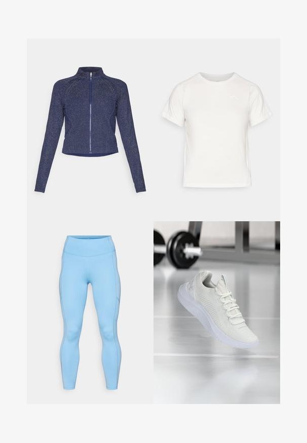 Tengerészeti zipzáras dzseki magas gallérral. Texturált anyagból készült, finom csillogással. Fitt szabású és hosszú ujjú.; Könnyű fehér póló rövid ujjakkal, kerek nyakkal és egy apró logóval a bal felső sarkában. Simasága és enyhe fényessége van.; Világoskék, rugalmas anyagból készült leggings. Magas derékkal, sima textúrával és ívelt varratokkal rendelkezik a lábak mentén.; Fehér sportcipő, texturált hálós felsőrésszel és fűzős rendszerrel, párnázott fehér talppal és finom bordázott részletekkel.