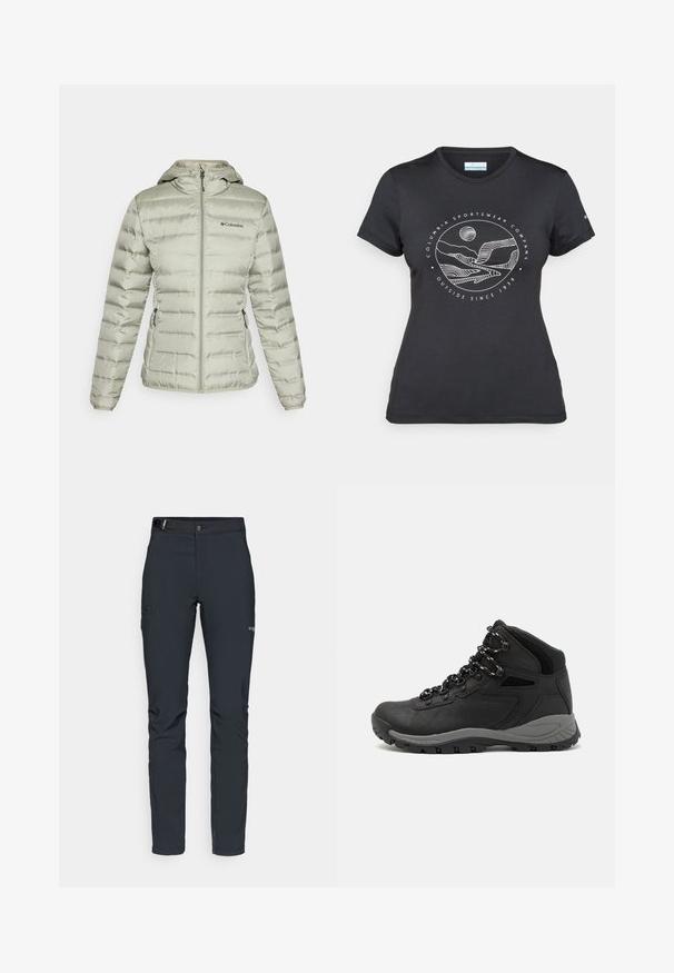 Light green puffer jacket with a hood, features horizontal quilted texture, front zipper, two side pockets, and Columbia logo on the chest.; Black Columbia t-shirt with white circular mountain and river line art and text "Columbia Sportswear Company Outside Since 1938."; Men's outdoor pants, dark gray, made from flexible material, featuring a belt, zippered pockets, and reinforced stitching.; Black hiking boot with a mid-top design, featuring a textured upper, gray accents, and durable rubber sole with traction lugs.