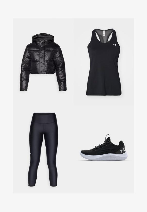 Cropped black puffer jacket with a shiny finish, a hood, and horizontal quilted pattern. Features elastic cuffs and a front zipper.; Black athletic tank top with a textured fabric, racerback design, and subtle logo detail on the chest. Lightweight and breathable material.; Black leggings made of smooth, stretchy fabric. High-waisted design with a close fit and a small logo on the left leg.; Black athletic shoes with a breathable mesh upper, textured detailing, and a white rubber sole. Features flat laces and a heel pull tab.
