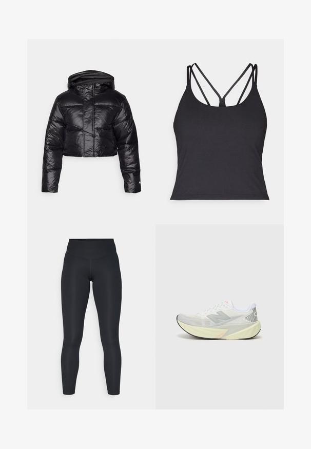 Izgriezta melna pūkainā jakas ar spīdīgu apdari, ar kapuci un horizontālu paklāju rakstu. Iekļauj elastīgus piedurkņu galus un priekšējo rāvējslēdzēju.; Melns topiņš ar plānām siksnām un krustveida dizainu aizmugurē. Izgatavots no mīkstas, elastīgas auduma ar pieguļošu siluetu.; Melni legingi, kas izgatavoti no elastīga auduma, ar augstu jostas vietu, gludu virsmu un ķermeni pieguļošu piegriezumu. Nav redzamu rakstu vai detaļu.; Viegls skriešanas apavs ar pelēku un baltu sietu augšdaļu, izteiktu 'N' logotipu un dzeltenu vidusdaļu ar slīpām akcentiem. Melna zole.