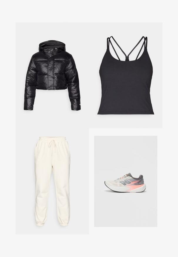 Giacca a vento nera corta con finitura lucida, cappuccio e motivo a quadri orizzontali. Presenta polsini elasticizzati e una zip frontale.; Top nero senza maniche con sottili spalline e un design incrociato sul retro. Realizzato in materiale morbido ed elastico con una silhouette aderente.; Pantaloni della tuta color crema realizzati in tessuto morbido, con una vita elasticizzata con coulisse, tasche laterali e polsini aderenti alla caviglia.; Scarpa da corsa New Balance grigio chiaro e rosa con suola bianca spessa e suola nera, vista laterale su sfondo uniforme.