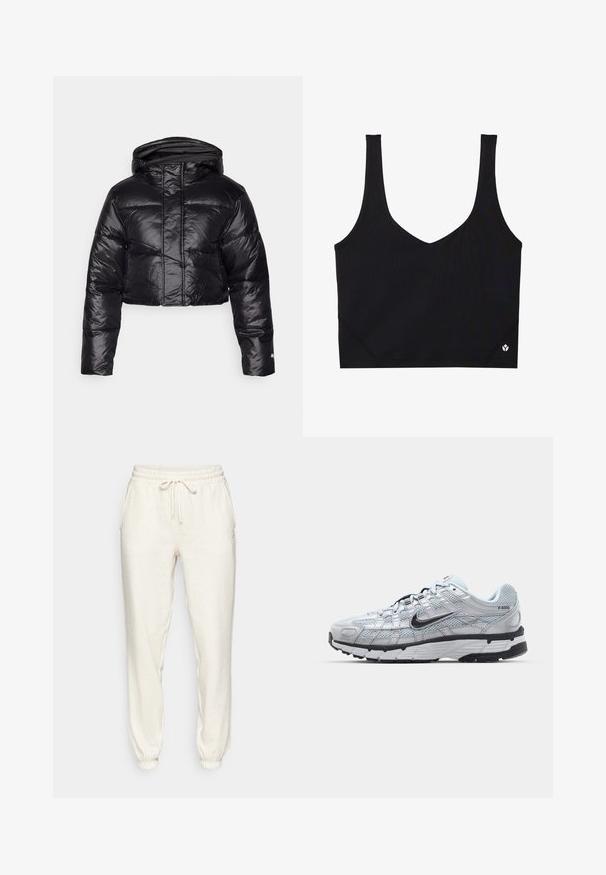 Juodasis trumpas pūkinis švarkas su blizgiu paviršiumi, gobtuvu ir horizontalia siūlų rašo struktūra. Yra elastiniai rankogaliai ir priekinis užtrauktukas.; Juoda sportinė liemenėlė su plačiomis petnešomis, V formos iškirpte, tekstūruotu audiniu ir logotipo detale apatiniame krašte. Lygus paviršius, minimalistinis stilius.; Šviesiai pilki sportiniai kelnių, pagaminti iš minkštos medžiagos, su elastingu juosmeniu su raišteliu, šoninėmis kišenėmis ir patempta kulkšnimi.; Nike P-6000 sportbačiai su šviesiai pilku tinkleliu, juodais akcentais ir patvariu juodu guminėm padais. Yra sudėtingas dizainas ir raištelių sistema.