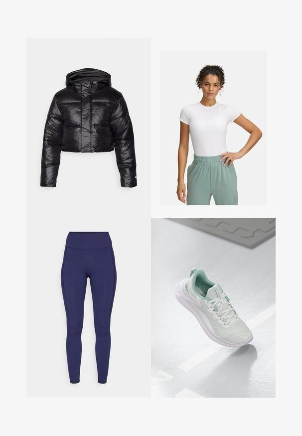 Juodasis trumpas pūkinis švarkas su blizgiu paviršiumi, gobtuvu ir horizontalia siūlų rašo struktūra. Yra elastiniai rankogaliai ir priekinis užtrauktukas.; Baltas prigludęs marškinėliai su trumpomis rankovėmis, derinami su šviesiai žaliomis elastingomis kelnėmis. Lygi tekstūra, minimalistinis dizainas, be akivaizdžių raštų.; Jūrlinijos aukštos juosmens leggingai, pagaminti iš tamprios medžiagos. Yra plokščios siūlės ir tvirtas prigludimas, su dviem šoniniais kišenėmis saugojimui.; Šviesiai pilni sportiniai bateliai su tekstūruota mezgimo viršutine dalimi, mėtų žalumo akcentais, baltais raišteliais, guminėmis padangomis ir kilpa kulne.