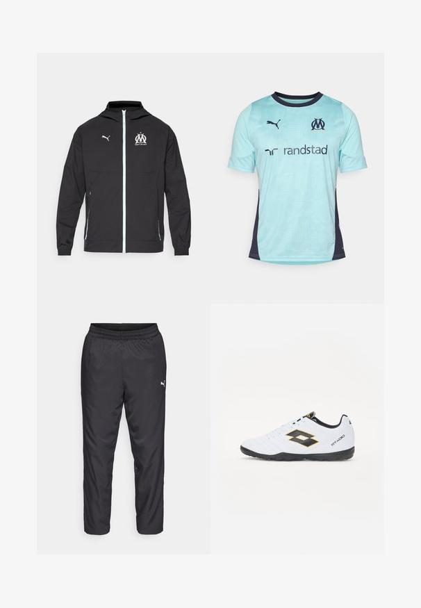Schwarze, leichte Jacke mit Kapuze, ausgestattet mit einem Frontreißverschluss, weißem Puma-Logo und einem Marseille-Design auf der Brust, elastischen Bündchen und seitlichen Taschen.; Helles blaues Fußballtrikot mit kurzen Ärmeln und dunklen Marine-Akzenten, das ein strukturiertes Muster aufweist, einen Rundhalsausschnitt hat und Logos auf der Brust und den Ärmeln trägt.; Schwarze Sporthosen aus glattem, leichtem Material. Sie verfügen über einen elastischen Bund und ein kleines weißes Logo auf der linken Seite.; Weiße Sportschuhe mit schwarzen und gelben Akzenten, ausgestattet mit einem strukturierten Obermaterial, runder Schuhspitze und einer schwarzen Gummisohle. Das Design beinhaltet ein Logodetail an der Seite.