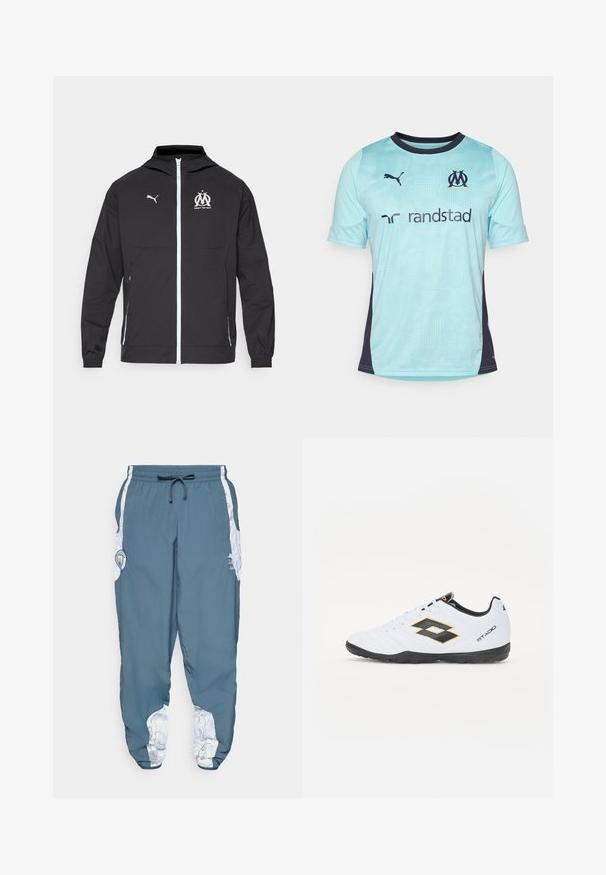 Black lightweight jacket with a hood, featuring a front zipper, white Puma logo, and Marseille design at chest, elastic cuffs, and side pockets.; Light blue short-sleeve football shirt with dark navy accents, featuring a textured pattern, crew neckline, and logos on chest and sleeves.; Track pants in blue fabric with elastic waistband and drawstring. Side accents feature a white pattern. Includes a brand logo patch.; White sports shoes with black and yellow accents, featuring a textured upper, round toe, and a black rubber sole. The design includes a logo detail on the side.