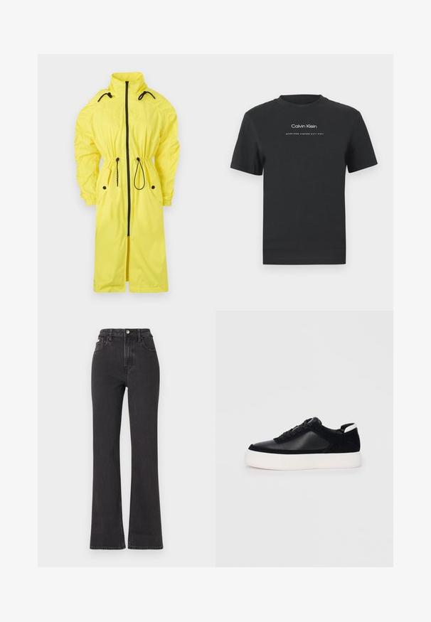 Κίτρινο αδιάβροχο μπουφάν με ψηλό γιακά, σφιγμένη μέση, μαύρο φερμουάρ, δύο πλαϊνές τσέπες και ελαστικούς καρπούς. Λείο, ελαφρύ ύφασμα.; Μαύρη βαμβακερή μπλούζα T-shirt με στρογγυλή λαιμόκοψη, κοντά μανίκια και λευκό εκτυπωμένο λογότυπο "Calvin Klein" καθώς και κείμενο "Established 1968".; Μαύρα ψηλόμεσα τζιν με φαρδιά γραμμή, κατασκευασμένα από τζιν, διαθέτουν κλείσιμο με κουμπί, θηλιές ζώνης και πλαϊνές τσέπες. Λείος υφή με ελάχιστη φθορά.; Μαύρο αθλητικό παπούτσι με λείο δέρμα και σουέτ πάνελ, επίπεδα κορδόνια, στρογγυλή μύτη και λευκή καουτσούκ σόλα. Διακριτό λογότυπο στη φτέρνα.