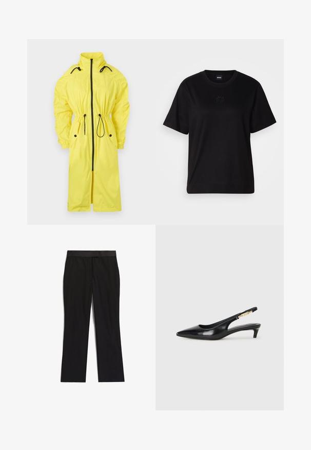 Gul vindjakke med høy krage, innsvingt midje, svart glidelås, to sidelommer og elastiske mansjetter. Slitesterkt, lett materiale.; Svart bomull T-skjorte med rund hals, korte ermer og et brodert logo på brystet. Enkel, avslappet passform uten mønstre.; Sorte bukser med en glat tekstur, lige ben-design, flad talje, og uden synlig hardware eller mønstre.; Sorte lærreim hæler med spiss tå, som har en slank hæl og en gullfarget detalj på den justerbare stroppen. Glatt tekstur.