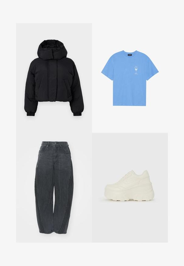 Svart cropped pufferjakke med høy polstret krage, lange ermer med elastiske mansjetter og to frontlommer.; Lys blå bomull t-skjorte med rund hals. Har et hvitt grafisk motiv av et palmetre og tekst på venstre brystområde. Korte ermer.; Baggy svarte denimjeans med en falmet finish, fem lommer, belteknapplukking og sømdetaljer på forsiden og sidene.; Hvite plattformsnickers med en glatt læraktig overdel, avrundet form, polstret krage og teksturert gummisåle med tydelige dekk.
