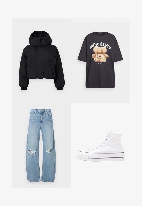 Svart cropped pufferjakke med høy polstret krage, lange ermer med elastiske mansjetter og to frontlommer.; Svart oversized t-skjorte med en grafikk av en bjørn og teksten "IKKE SØT, MEN VILL" i fet, hvit skrift. Laget av bomull.; Lyseblå høytlivsjeans laget av denim. Har vide bein, to revne knær og klassisk fem-lommers design.; Hvit høy-skinn kanvas sneakers med svart gummisåle, gummitåhette foran og seks hull for snorer, med et rent, minimalistisk design.