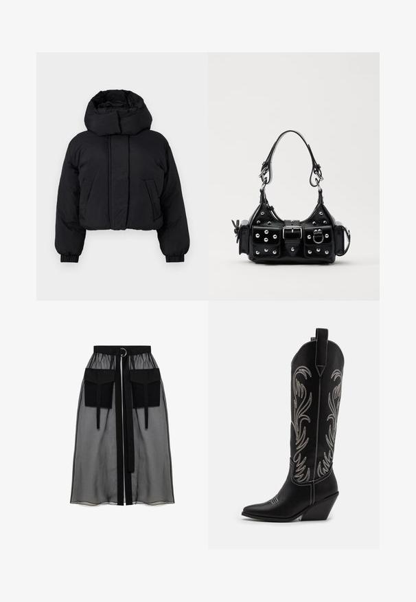 Svartkortad puffjacka med hög vadderad krage, långa ärmar med elastiska manschetter och två framfickor.; Svart långärmad topp med ett genomskinligt ribbat mönster, med en volangad hög hals och en kortad nederkant.; Svart genomskinlig kjol med en rynkad midja, utrustad med två stora framfickor, ett midjesnöre och en cirkulär metallaccent.; Svarta lädercowboystövlar med spetsiga tår, kilklackar och silverbroderade blommönster längs skaftet. Kontraststickning genom hela stöveln.; Svart läderhandväska med en kurvad design, prydd med silverfärgade nitar, ett spänne och två sidofickor. Justerbar rem för olika bäralternativ.