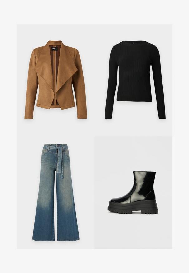Veste en suède marron avec un devant drapé, des manches longues et une coupe ajustée. Elle se distingue par un large col et un design épuré et ouvert.; Pull ajusté noir à manches longues et côtelé avec un col rond, présenté sur un fond clair uni.; Pantalons en denim à jambe large présentant un dégradé de bleu clair à bleu foncé, taille haute, passants de ceinture et une ceinture en tissu assortie. Finition en denim texturé.; Bottines noires brillantes avec semelle lugg épaisse et bout rond, vue de côté sur un fond gris clair uni.