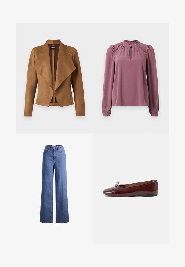 Rjava semiš jakna z drapirano sprednjo stranjo, dolgimi rokavi in skrojenim krojem. Ima širok ovratnik in čist, odprt dizajn.; Mauve bluza s dolgimi rokavi z nabranim ovratnikom, ključavnico na vratu z zapiranjem na gumb ter rahlo napihnjenimi rameni.; Svijetloplave traper hlače širokih nogavica s visokim strukom, s dva prednja džepa i vidljivim šavovima. Ima kopčanje na gumb i zatvarač.; Burgundska patenti usnjeni baletni čevlji z zaobljenim prstom, majhnim lokom na sprednji strani in nizkim črnim gumijastim podplatom. Gladka tekstura.