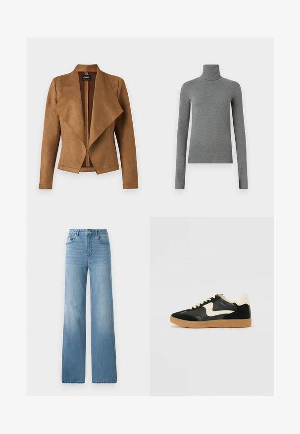 Veste en suède marron avec un devant drapé, des manches longues et une coupe ajustée. Elle se distingue par un large col et un design épuré et ouvert.; Chandail col roulé gris en tissu lisse et élastique. Manches longues, design ajusté, texture minimale, sans motifs ni éléments métalliques visibles.; Jean taille haute bleu clair avec une coupe droite. Fabriqué en denim, avec cinq poches et une fermeture à bouton.; Baskets en daim et cuir noir avec un swoosh latéral crème et un talon crème clair. Dotées de lacets beige et d'une semelle en caoutchouc gomme.