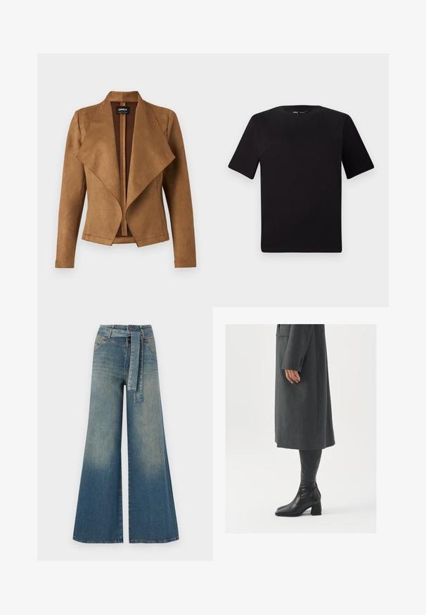 Chaqueta de ante marrón con un frente drapeado, mangas largas y un ajuste entallado. Presenta un cuello ancho y un diseño limpio y abierto.; Camiseta negra de manga corta con cuello redondo, fabricada en suave algodón. Diseño simple, sin logos ni patrones visibles.; Pantalones de mezclilla de pierna ancha con un degradado de azul claro a oscuro, cintura alta, trabillas para cinturón y un cinturón de tela a juego. Acabado de mezclilla texturizada.; Abrigo gris, entallado y de corte recto; combinado con botas de cuero negras hasta la rodilla que tienen punta cuadrada y tacón grueso.