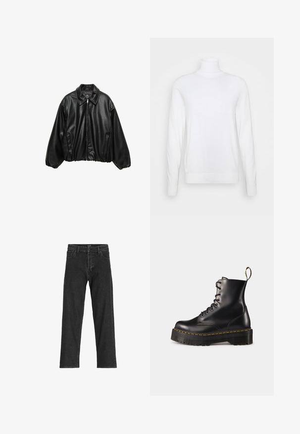 Schwarze Leder-Bomberjacke mit strukturierter Oberfläche, Kragen, Reißverschluss und elastischem Bund. Verfügt über seitliche Taschen.; Weißer Rollkragenpullover mit langen Ärmeln, aus glattem Stoff gefertigt. Verfügt über eine taillierte Passform sowie gerippte Bündchen und Saum. Keine Muster oder Akzente.; Schwarze Jeans aus Denim mit geradem Bein, ausgestattet mit einem Reißverschluss, Gürtelschlaufen und sechs Taschen, gefertigt aus einem robusten Baumwollmischgewebe.; Schwarze Leder-Schnürstiefel mit knöchelhohem Schaft, einer robusten schwarzen Sohle und gelben Nähten. Verfügt über eine Lasche hinten und runde Metallösen.