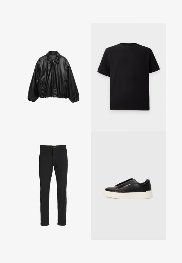 Crna kožna bomber jakna s teksturiranim finišom, ovratnikom, zatvaranjem na munju i elastičnim pojasom. Sadrži bočne džepove.; Crna majica kratkih rukava od teksturiranog materijala, s okruglim izrezom i opuštenim krojem. Jednostavna, bez uzoraka ili naglasaka.; Crne hlače od pamuka sa slim fit krojem, s kopčanjem na dugme, džepovima i zavrnutim rukavima za ležeran izgled.; Crne slip-on tenisice s teksturiranim kožnim gornjištem, bijelim gumeni potplat i bez vidljivih vezica. Sadrži logotip marke sa strane.