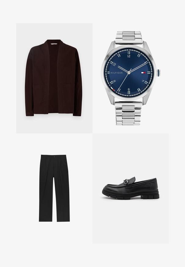 Temno rjav jopič z sproščenim krojem, odprtim sprednjim dizajnom, dolgimi rokavi in dvema sprednjima žeprenjama. Narejen iz lahkega bombažnega materiala.; Nabor osmih črnih bombažnih majic s kratkimi rokavi in okroglim izrezom, ki imajo preprost dizajn in mehak otip.; Črne hlače z ravnim krojem, narejene iz gladkega materiala. Imajo sprednje gube in enojno zaponko na pasu.; Črni usnjeni loaferji z zaobljenim nosom, dekorativnim trakom in dodatki ter debelim teksturiranim podplatom. Gladek zaključek s subtilnimi detajli.; Srebrna kovinska ura z brušenim modrim številcem, belimi številčnicami in prikazom datuma. Ima povezano kovinsko zapestnico in logotip blagovne znamke.