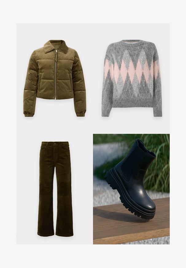 Olivgrüner Cordura-Puffer-Jacke mit cropped Design, Kragen, Reißverschluss und elastischen Bündchen. Verfügt über gestickte Paneel-Details.; Grauer Wollpullover mit einem rosa und hellgrauen Rautenmuster. Abgerundeter Halsausschnitt und gerippter Saum. Weiche Textur, lange Ärmel.; Zwei langärmelige Rollkragenoberteile, eines weiß und eines schwarz, aus einem glatten, dehnbaren Stoff, beide mit schmalem Schnitt und hohem Kragen.; Ripp-Hosen mit weitem Bein in tiefem Olivgrün. Verfügt über fünf Taschen, einen Knopfverschluss und vertikalen Rippstrick. Standardpassform mit klassischem Design.; Schwarze Leder-Ankle-Boots mit einer robusten Sohle, elastischen Seitenteilen und einer glatten Oberfläche. Erhöhtes Design mit kontrastierenden Profildetails.