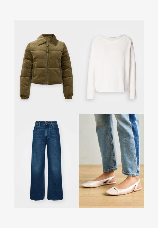 Jachetă puffer din corduroy verde măslin, cu un design scurtat, guler, închidere cu fermoar și manșete elasticizate. Prezintă detalii cu panouri cusute.; Tricou cu mâneci lungi și gât rotunjit, din material alb moale și ușor, cu o croială lejeră. Prezintă un tiv curat și nu are elemente de prindere vizibile.; Jeans cu talie înaltă și picioare largi, din denim albastru închis, cu o textură netedă, cusături în contrast și design cu cinci buzunare. Închidere frontală cu nasture.; Sandalete plate de un roz pal cu vârf ascuțit, realizate dintr-un material asemănător pielii, neted. Prezintă detalii decupate pe laterale și un toc plat.