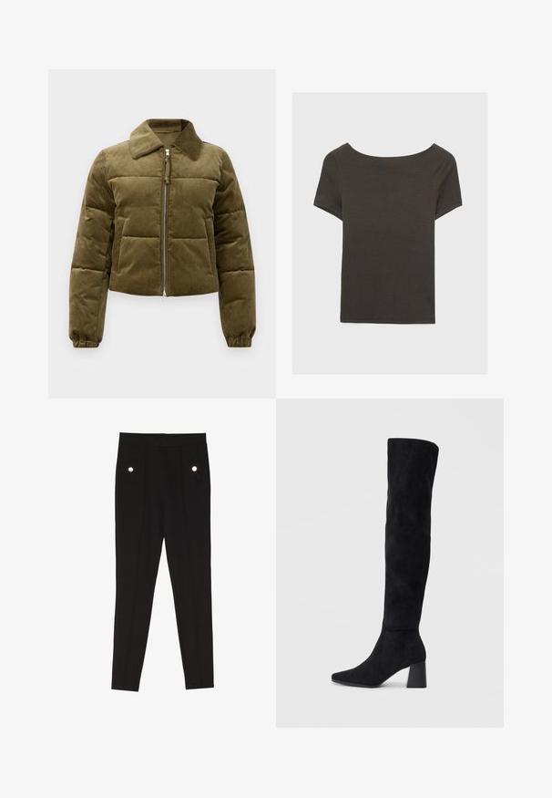 Olivový kordový vypchávaný kabát s kratším strihom, golierom, zipsom a elastickými manžetami. Má prešívané panely ako dekoráciu.; Tmavošedý top s krátkym rukávom a lodičkovým výstrihom. Vyrobený z rebrovanej látky, s voľným strihom a čistým lemovaním. Jednoduchý dizajn, bez vzorov.; Čierne upravené nohavice s hladkou textúrou, s dvoma prednými vreckami a dekoratívnymi kovovými detailmi, a so štíhlym strihom.; Čierna semišová kozačka po kolená s blokovým podpätkom, špicatou špičkou a hladkým, bezšvovým dizajnom na jednoduchom svetlom pozadí.