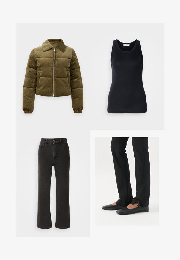 Παλτό από χοντρό καουτσούκ σε ελιά χρώμα με κοντό σχέδιο, γιακά, φερμουάρ και ελαστικές μανσέτες. Διαθέτει ραμμένα πάνελ.; Μαύρη базή φανέλα φτιαγμένη από μαλακό, ελαστικό ύφασμα. Διαθέτει στρογγυλή λαιμόκοψη και φαρδιές τιράντες, με εφαρμοστή σιλουέτα και ομαλή υφή.; Μαύρα τζιν παντελόνια σε φαρδιά γραμμή, κατασκευασμένα από τζιν ύφασμα, με κλείσιμο μπροστά με κουμπί, θηλιές ζώνης και πέντε τσέπες με ελαφρώς ξεθωριασμένη υφή.; Μαύρες δερμάτινες μπαλαρίνες με μυτερή μύτη, λουρί με ασημένια αγκράφα, σε συνδυασμό με μαύρα κομμένα παντελόνια με σχιστή λεπτομέρεια.