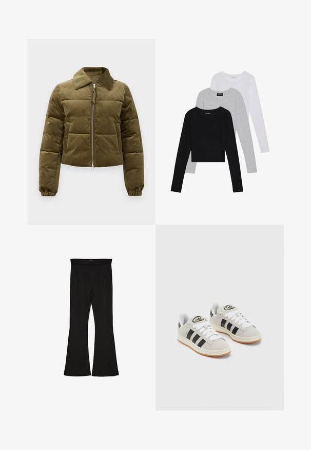 Chaqueta acolchada de pana verde oliva con un diseño corto, cuello tipo solapa, cierre de cremallera y puños elásticos. Presenta detalles de paneles cosidos.; Tres camisetas de manga larga apiladas: negra, gris y blanca. Cada una tiene un escote redondo y un diseño recortado con una tela suave y ligera.; Leggings negros de campana hechos de una tela elástica. Con una cinturilla ancha y una textura suave, presentan una silueta ajustada que se ensancha en el dobladillo.; Zapatillas de ante gris con cordones blancos, rayas negras y suela de goma blanca. Presentan un logo circular en la lengüeta y una suela de goma.