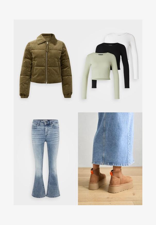 Olive green corduroy puffer jacket with a cropped design, collared neck, zip closure, and elasticized cuffs. Features stitched panel detailing.; Even&Odd Petite 3 PACK - Long sleeved top - black/white/light green; Light blue flared jeans made of denim, featuring a classic five-pocket design, front zip closure, and subtle fading along the thighs.; Brown suede platform boots with elastic side panels and orange pull tabs, paired with a knee-length light denim skirt on a wooden floor.