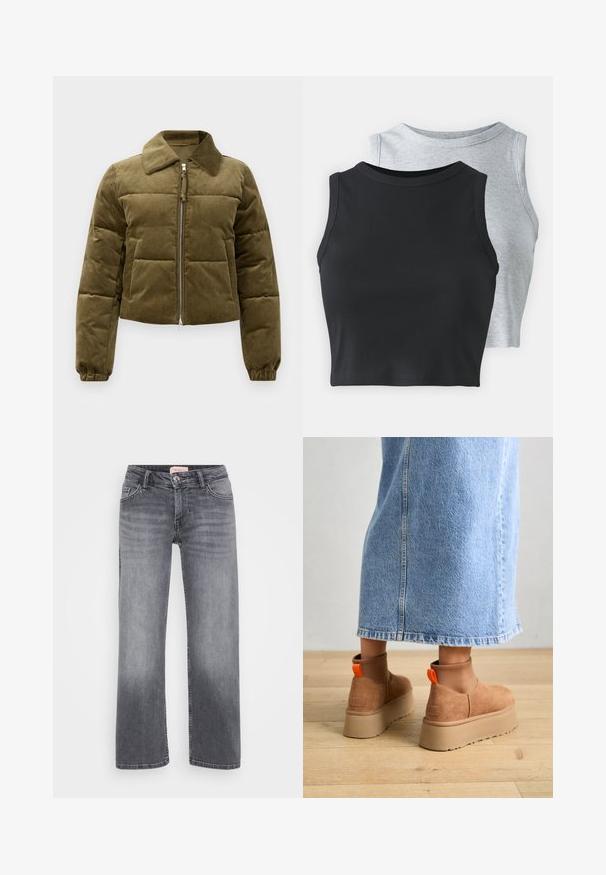 Olivengrøn kordfløjl pufferjakke med en cropped design, krave, lynlås lukning og elastiske manchetter. Har detaljer med stikningspanel.; Even&Odd Petite 2 PACK - Top - light grey/black; Grå denim jeans med lige bendesign, fem-lommestil, subtil fading og trykknaplukning i taljen.; Brune ruskinds platform støvler med elastiske sidepaneler og orange trækstropper, parret med en knælang lys denimnederdel på et trægulv.