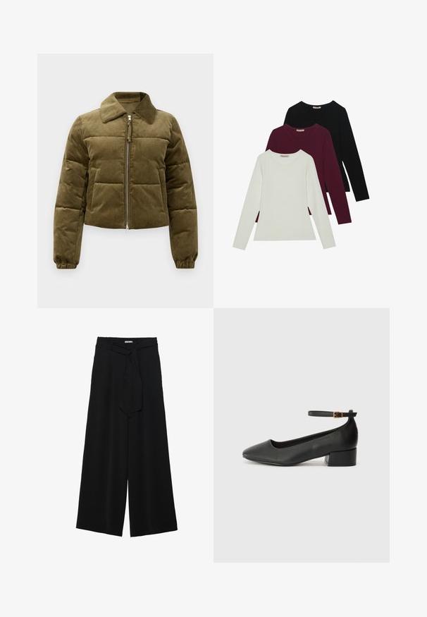 Olivengrøn kordfløjl pufferjakke med en cropped design, krave, lynlås lukning og elastiske manchetter. Har detaljer med stikningspanel.; Langærmede T-shirts i hvid, bordeaux og sort. Lavet af blødt stof med rund halsudskæring og tætsiddende design. Velegnet til lag-på-lag.; Sorte vide bukser i en tekstureret stofkvalitet, med elastisk talje og et aftageligt bånd i taljen for justerbar pasform.; Sorte læderpumper med spids tå og en lav blokhæl. Har en ankelrem med en guldfarvet spænde. Glat tekstur.