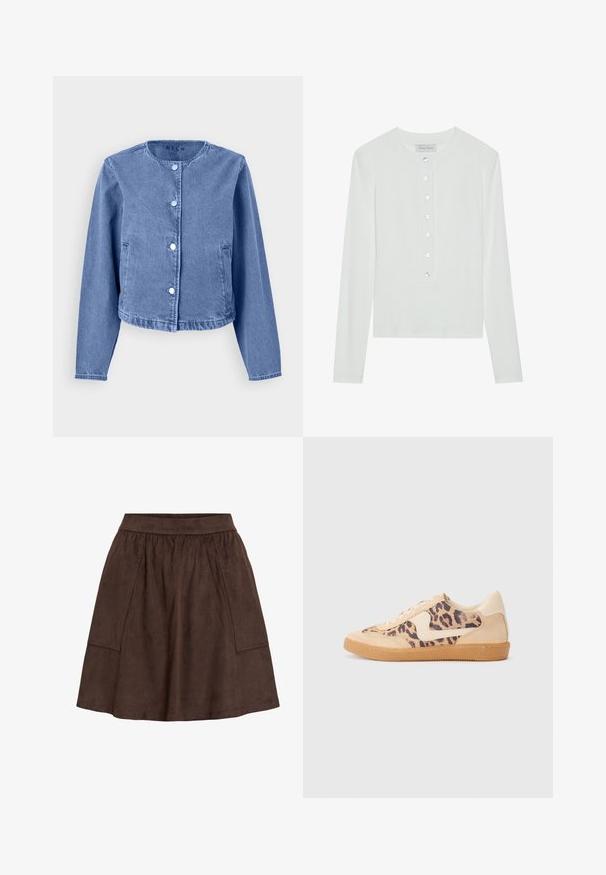 Jaqueta de denim azul claro com decote redondo, mangas longas, cinco botões de pressão e bolsos laterais. Textura suave com um design casual.; Blusa branca de mangas compridas feita de tecido canelado, com decote redondo e parte da frente com botões, apresentando seis botões transparentes.; Saia de camurça castanha com cintura elástica, apresentando bolsos laterais e um design evasê. Textura suave e comprimento até ao joelho.; Sapatilhas com padrão de leopardo, parte superior em camurça bege, sola de borracha castanha e detalhes brancos. Bico redondo e design com atacadores, com um acabamento texturizado.