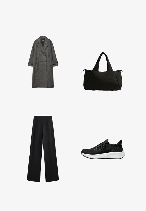 Manteau gris en laine à double boutonnage avec col cranté, poches plaquées et manches retroussées. Tissu texturé avec une coupe mi-longue.; T-shirt noir à manches courtes avec un col rond et des détails en maille perforée sur les épaules. Tissu lisse, coupe décontractée, ourlet arrondi.; Pantalons noirs à larges jambes en tissu doux, avec une taille haute et deux poches zippées, et des coutures discrètes sur les côtés.; Chaussure de sport noire avec un dessus en tissu texturé, un système de laçage et une semelle intermédiaire blanche. Présente un profil bas et un design de semelle courbée.; Sac fourre-tout noir avec une texture moelleuse, doté de deux poignées courtes et d'une poche latérale sécurisée par un cordon de serrage. Design simple et angulaire.