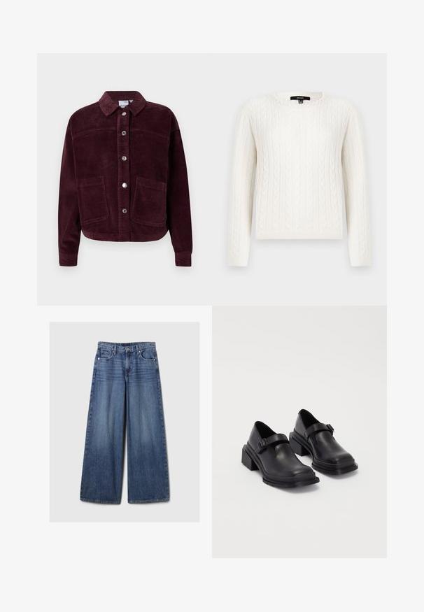 Chaqueta de pana en burdeos con cuello, cierre de botones en el frente y dos grandes bolsillos de parche. Presenta un tejido texturizado y un corte corto.; Suéter blanco de punto trenzado con mangas largas, cuello redondo y un acento decorativo de perlas en el cuello. Textura suave y diseño ajustado.; Jeans de mezclilla azul de pierna ancha con un acabado desgastado, que cuentan con un cierre de botón y cremallera, cinco bolsillos y cinturas.; Zapatos de cuero negros con punta redondeada, suela plana y una correa con detalle de hebilla. Tacón cuadrado grueso para mayor estabilidad.