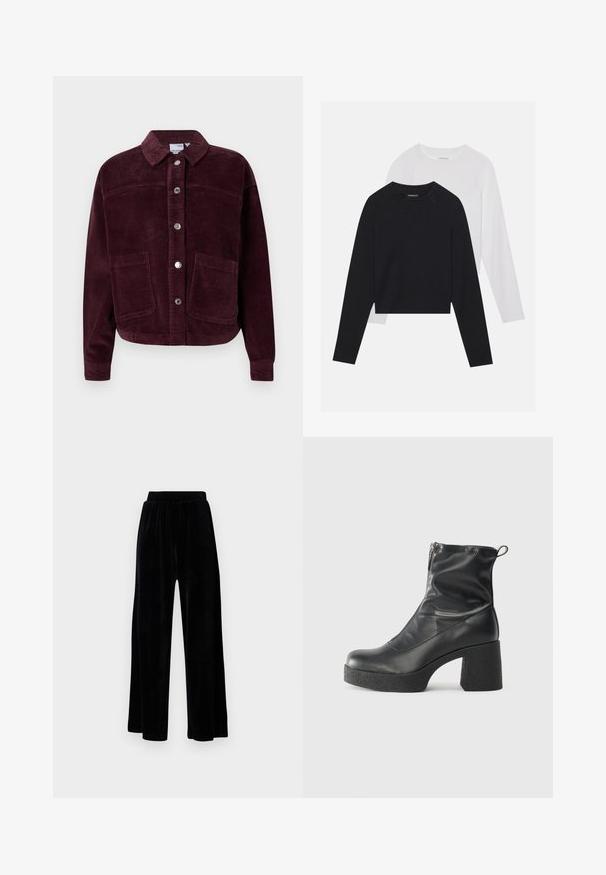 Tumedast punane korduroojakk, millel on krae, esine nupulukuga ja kaks suurt paigaldustaskut. Omab struktuurset kangast ja kroobitud lõiget.; Kaks pikade varrukatega särki: üks must ja teine valge. Mõlemal on ümar kaelus, raglanvarrukad ja pehme puuvillasegu kangas.; Mustad laiad püksid, mis on valmistatud pehmest sametist, elastse vöökoha ja siledaga, ilma nähtavate detailide või mustriteta.; Mustad mustad ansapüksid, mis on valmistatud siledast nahast, külje zipperiga, paksu tekstuuriga kontsaga ja ümmarguse nina disainiga.